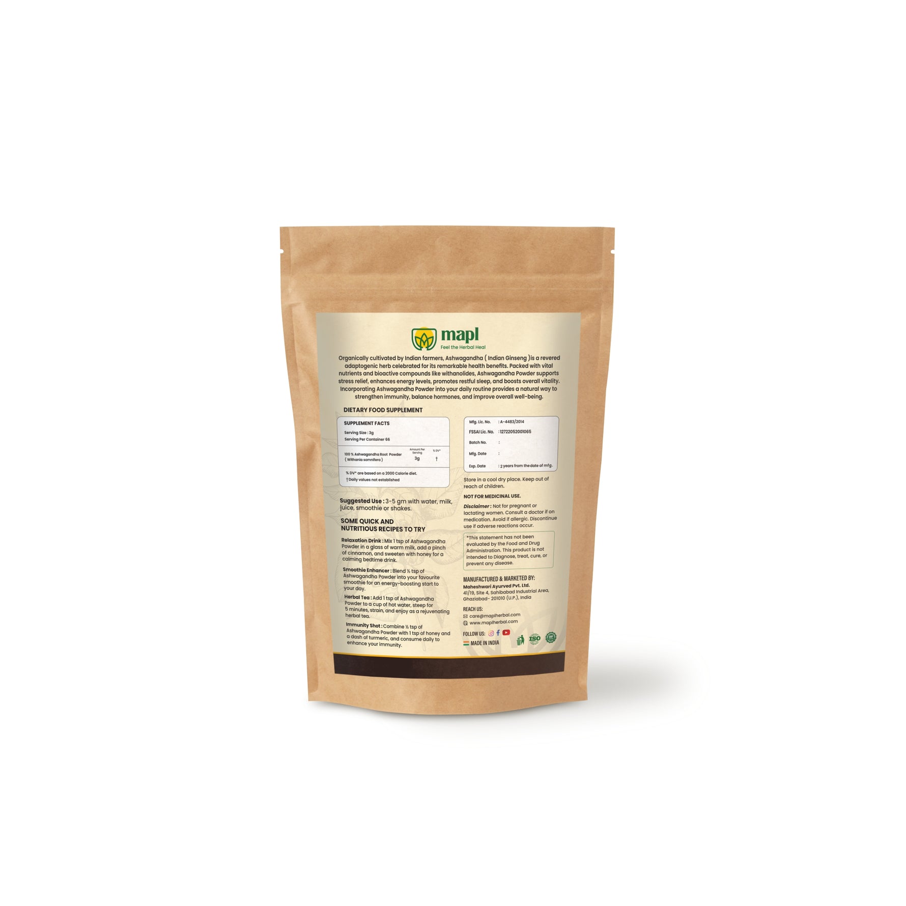 MAPL Ashwagandha Root Powder 200g | Organic Ayurvedic Powder | Stress Relief, Energy & Immunity