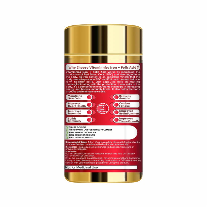 Vitaminnica Iron + Folic Acid Capsules - Hemoglobin & Red Blood Cell Support, 60 Count