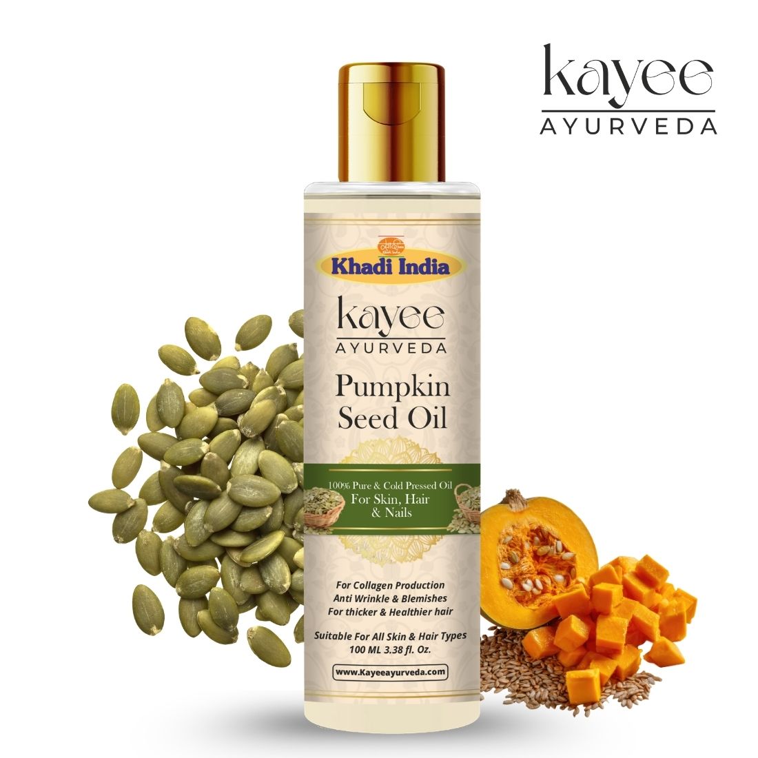 Kayee Ayurveda Pumpkin Seed Oil for Skin, Hair & Nails | Natural Pumpkin Seed Oil for Hair & Scalp Nourishment, Dry Skin Moisturization, Nail & Cuticle Care, Hair Conditioning & Natural Shine | 100 ml