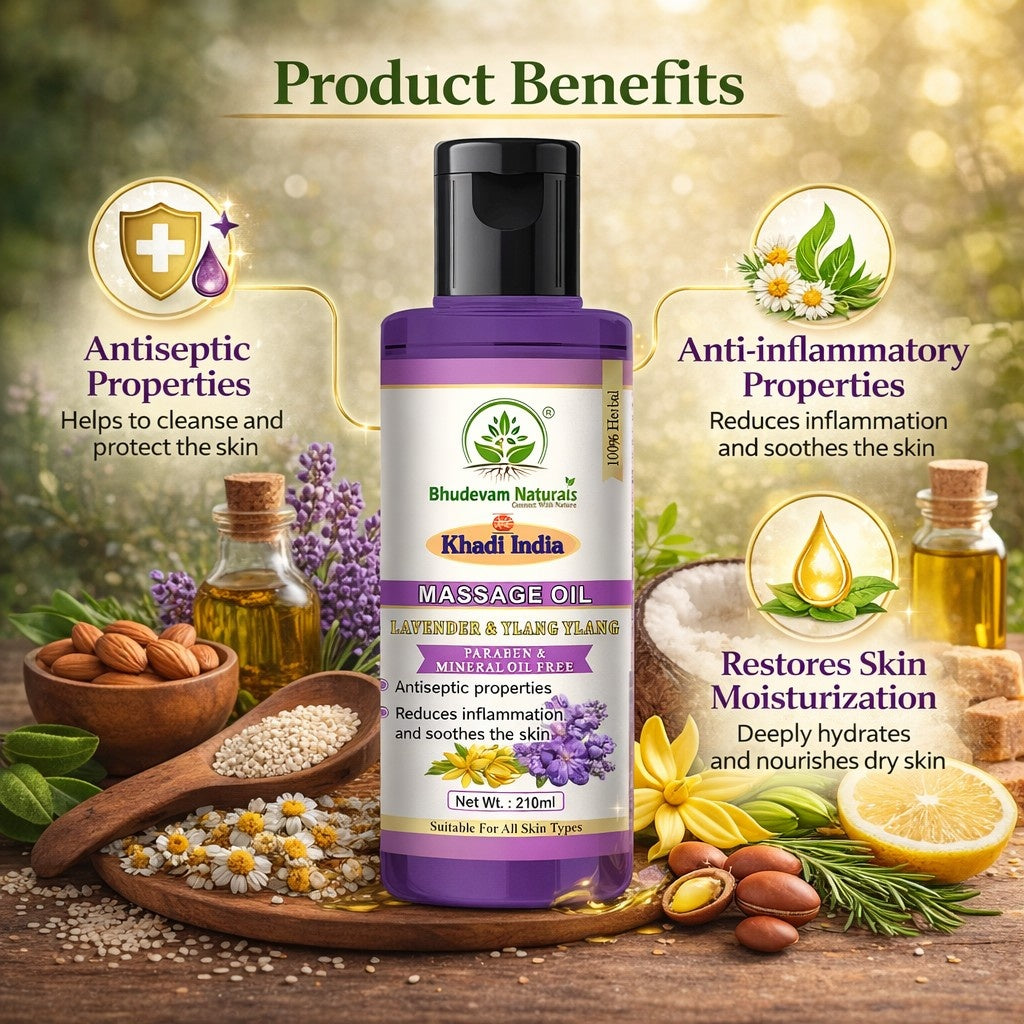 Bhudevam Naturals Khadi Lavender & Ylang Ylang Relaxing Body Massage Oil for Stress Relief & Skin Nourishment- 210ML
