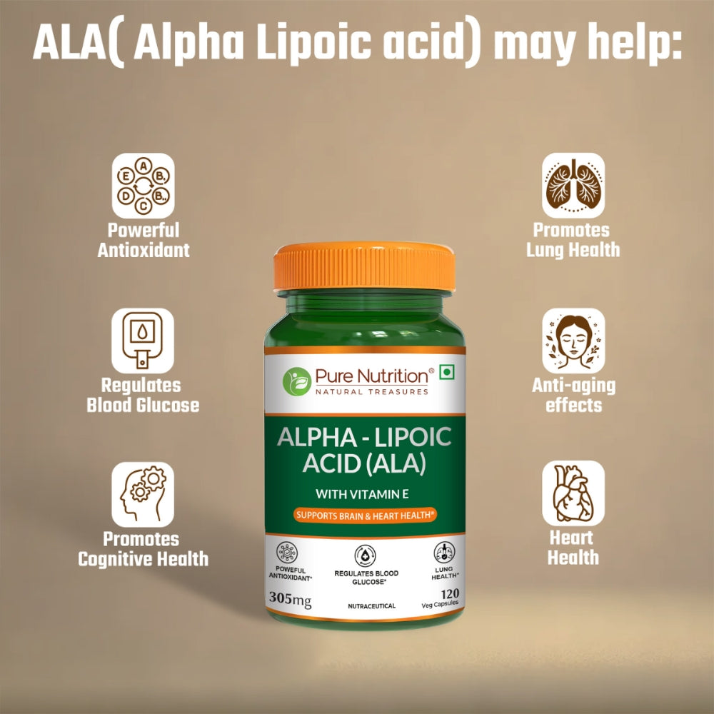 Pure Nutrition Alpha Lipoic Acid (ALA) 300mg with Vitamin E | Powerful ALA Supplement Antioxidant for Nerve & Heart Health | Supports Healthy Blood Sugar, Energy Metabolism & Cellular Protection - 120 Veg Capsules