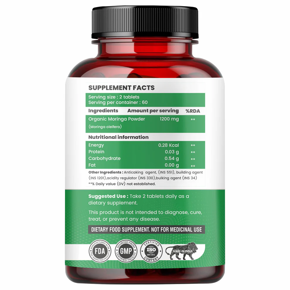 Raskam Organic Moringa Tablet with 1200mg moringa Leaves Extract | Moringa Powder Tablets for Immunity, Digestion & Energy | Moringa Leaves 120 Tablets