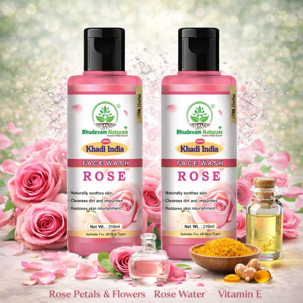 Bhudevam Naturals Khadi Rose Face Wash Gentle Herbal Face Cleanser for Soft & Glowing Skin- 420ML (Pack of 2)