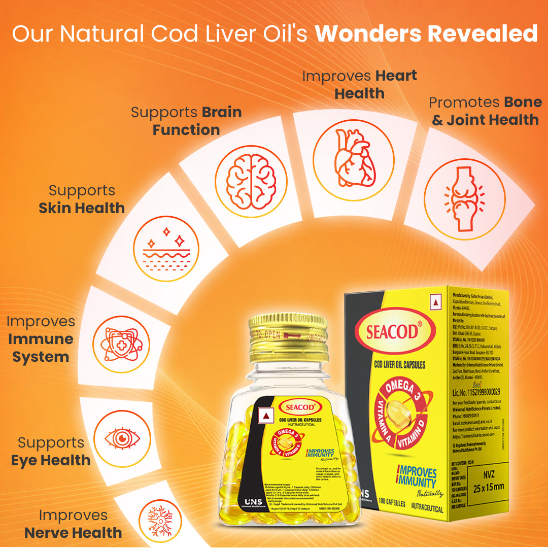 Seacod Cod Liver Oil Capsule 300 mg | Omega-3, Vitamins D & A | Immune & Heart Health