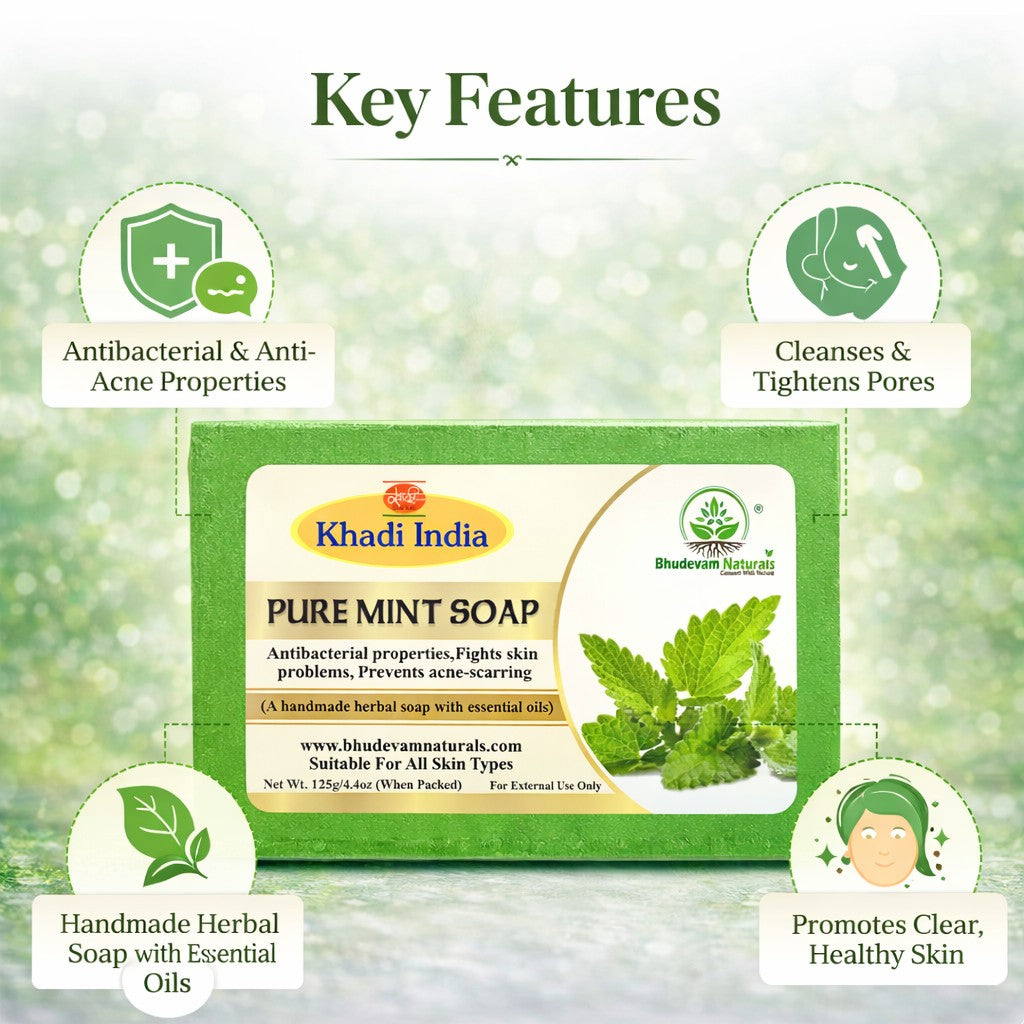 Bhudevam Naturals Khadi Mint Soap for Bath – Cooling Effect, Antibacterial Body Soap, Keeps Skin Fresh & Clean All Day - 500GM (Pack of 4)