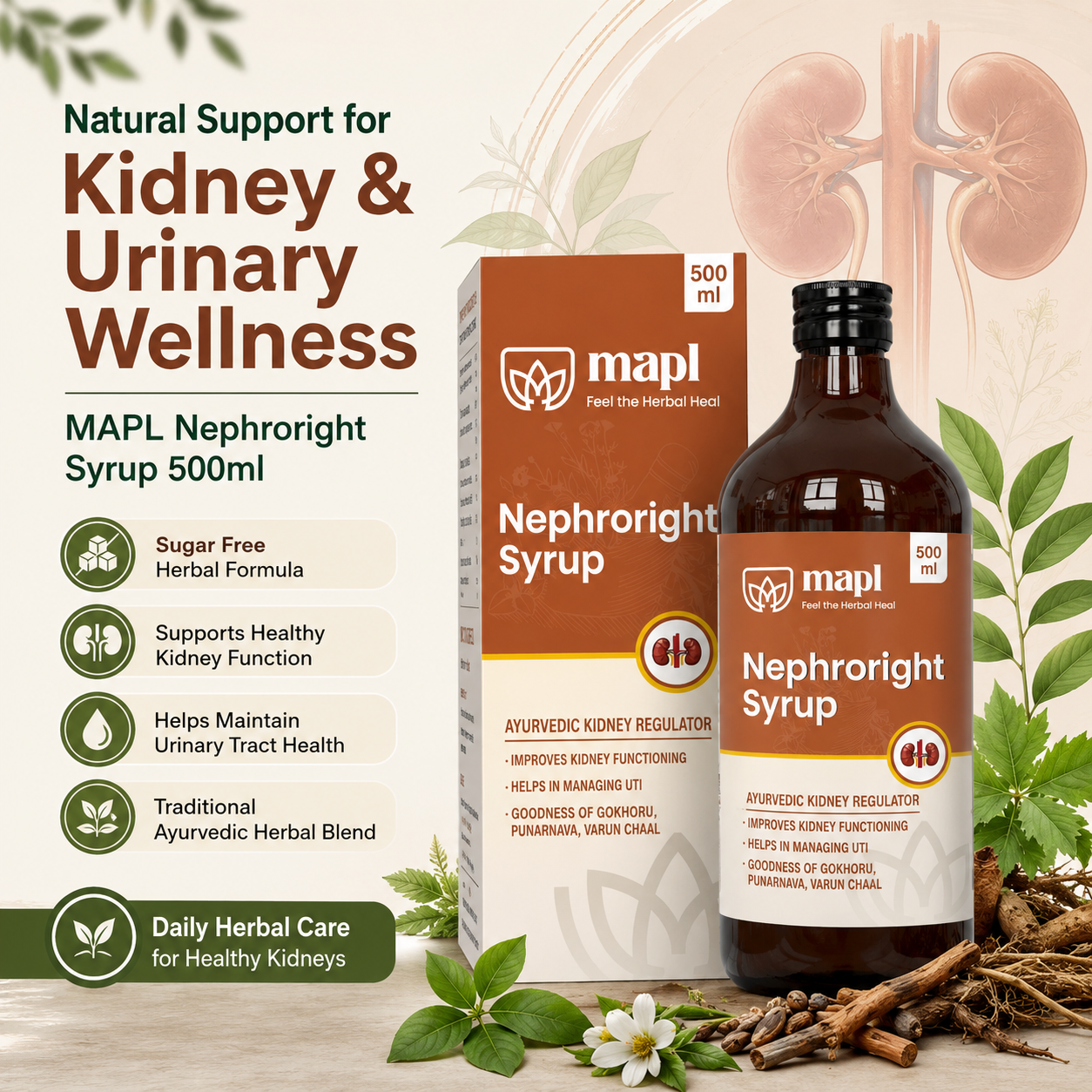 MAPL Nephroright Syrup 500ml | Ayurvedic Kidney & Urinary Health Support | Sugar Free Herbal Formula