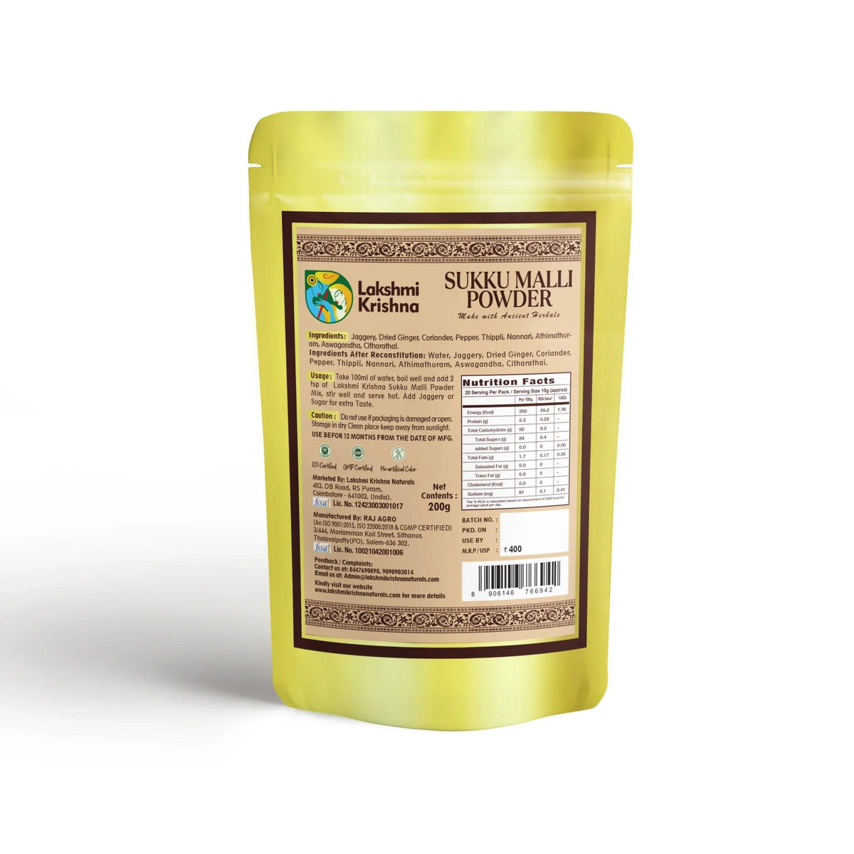 Lakshmi Krishna Naturals Sukku Malli Powder | 200 g