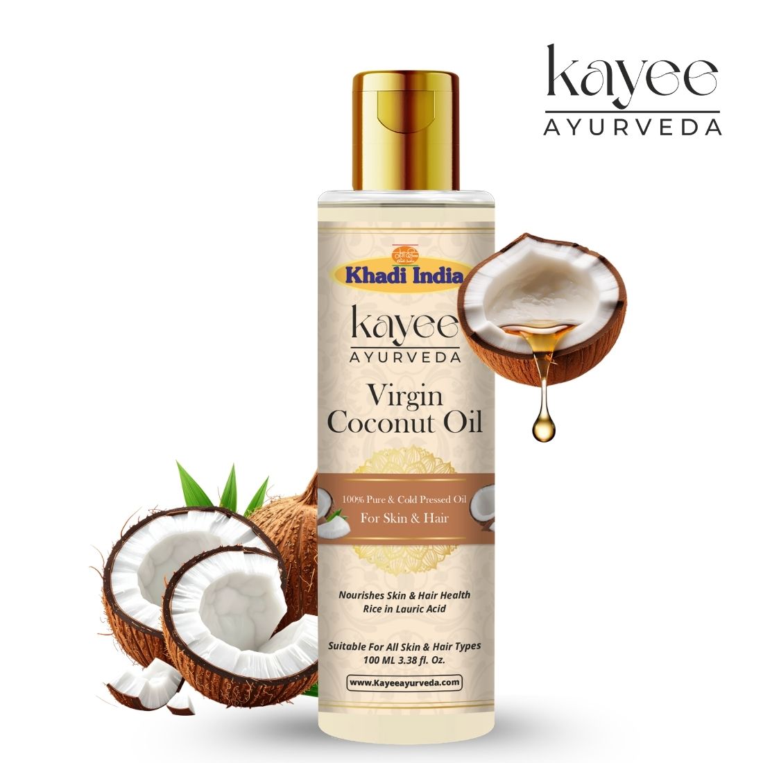 Kayee Ayurveda Virgin Coconut Oil for Hair & Skin | Natural Coconut Oil for Hair & Scalp Nourishment, Dry Skin Moisturization, Hair Conditioning, Softness, Smoothness & Natural-Looking Shine | 100 ml