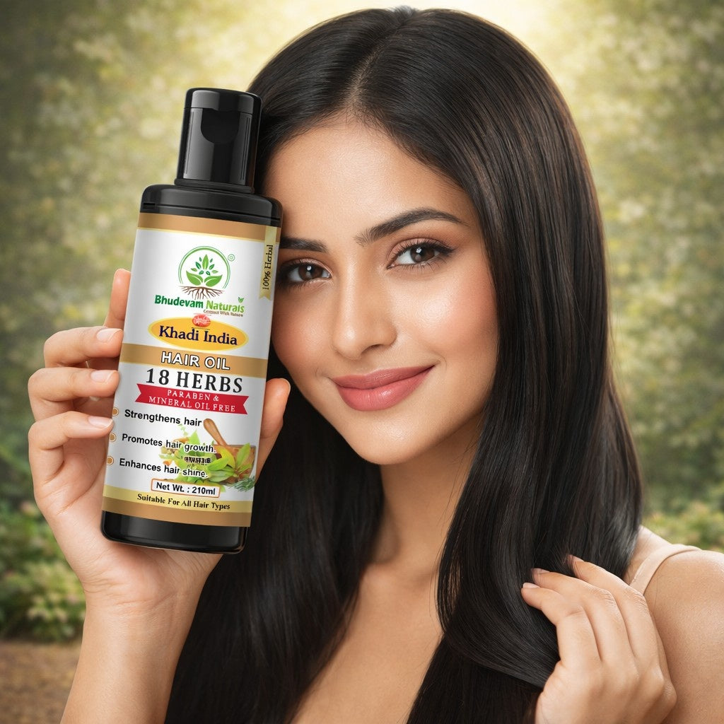 Bhudevam Naturals Khadi 18 Herb Hair Oil for for Strong, Thick & Healthy Hair- 210ML