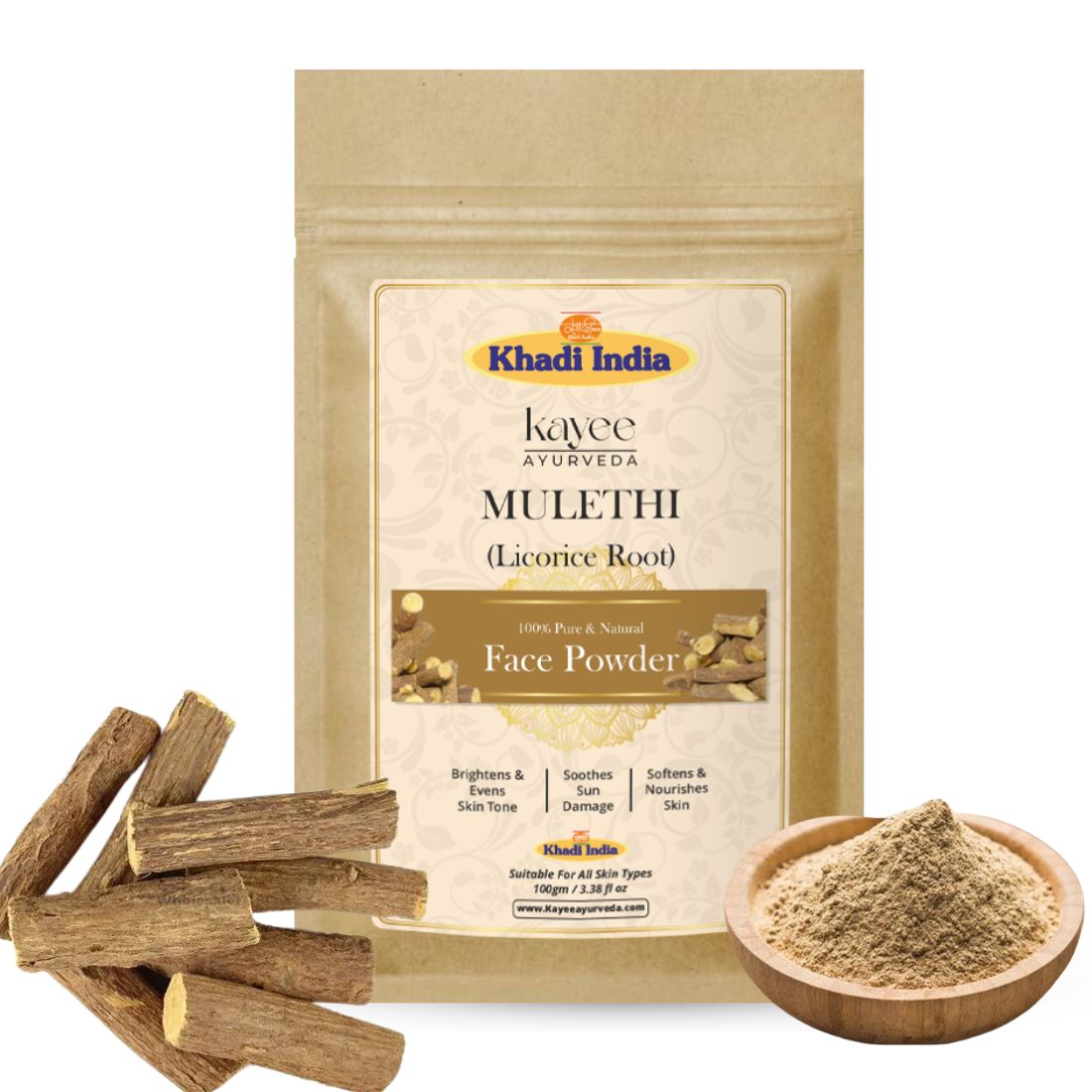Kayee Ayurveda Mulethi Face Powder for Glowing Skin | Herbal Licorice Powder for Face | Natural Facial Powder for Skin Care | Helps Refresh & Brighten Looking Skin | 100 g
