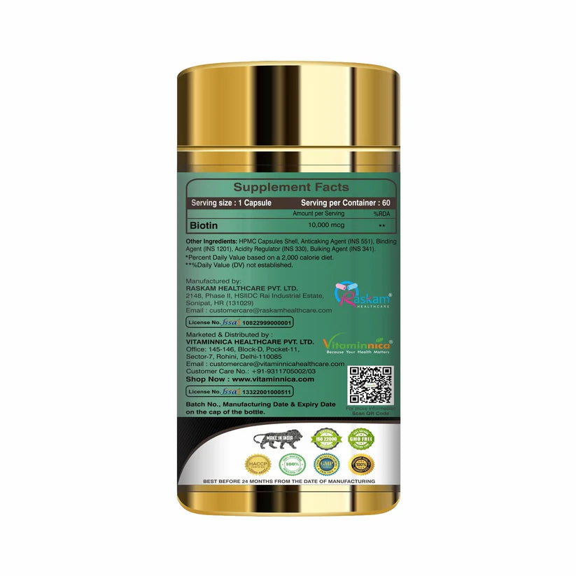 Vitaminnica Biotin Capsules - Hair Growth, Glowing Skin & Nail Strength Support, 60 Count