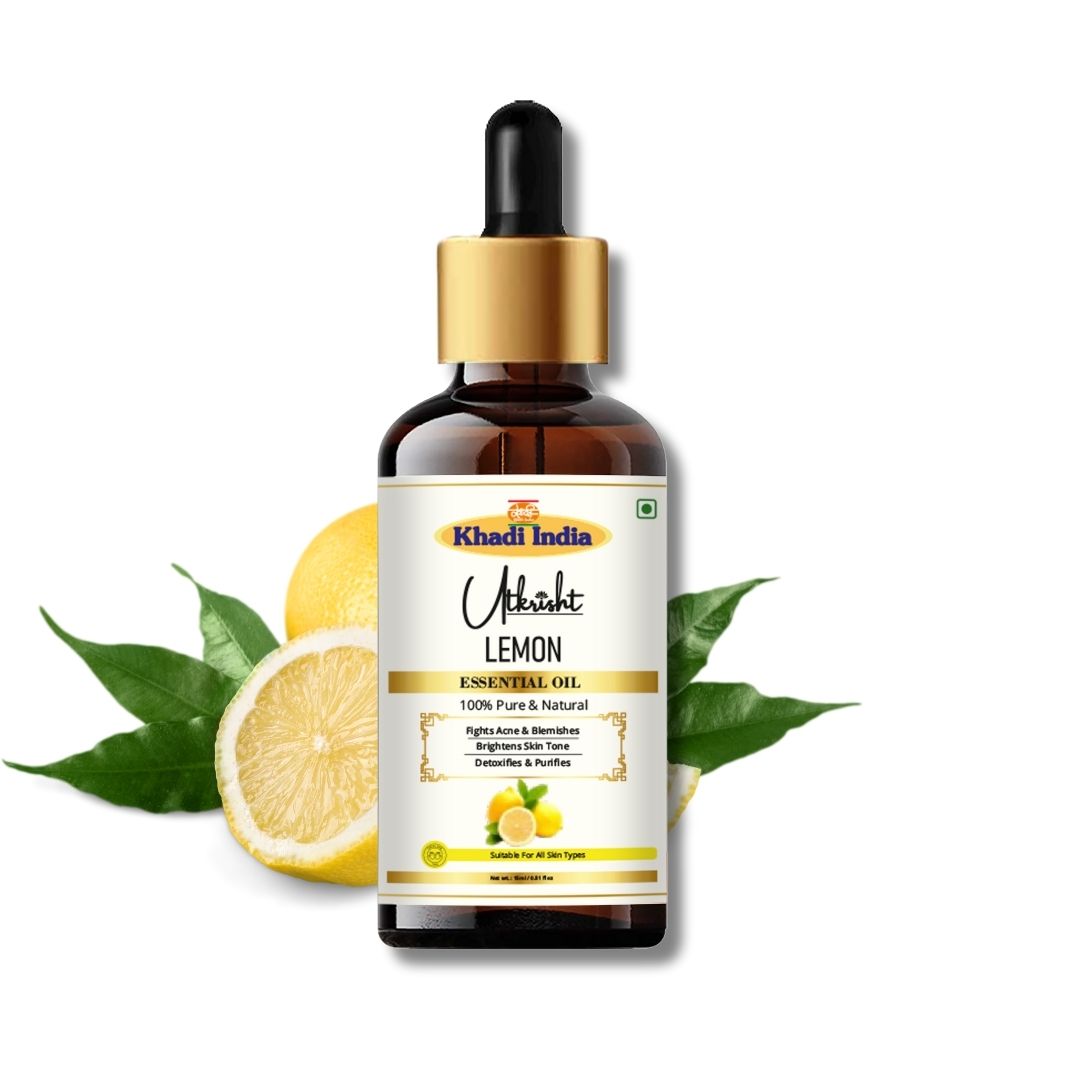 Khadi Lemon Essential Oil | Pure & Natural Lemon Oil for Face & Skin Care | Essential Oil for Oily & Acne-Prone Skin | Brightening & Refreshing Aromatherapy Oil | 15 ml