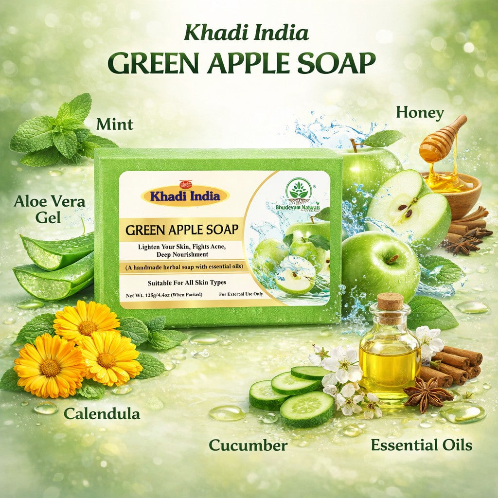 Bhudevam Naturals Khadi Green Apple Handmade Bath Soap with Refreshing Fruity Fragrance for Soft & Glowing Skin- 500GM (Pack of 4)