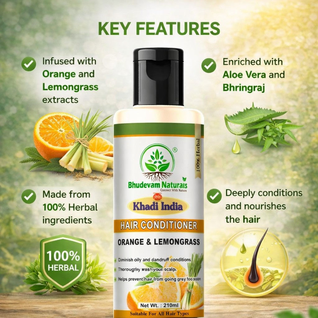 Bhudevam Natuals Khadi Orange & Lemongrass Conditioner For Frizz Control & Hydrating Hair Care Formula- 420ML (Pack of 2)