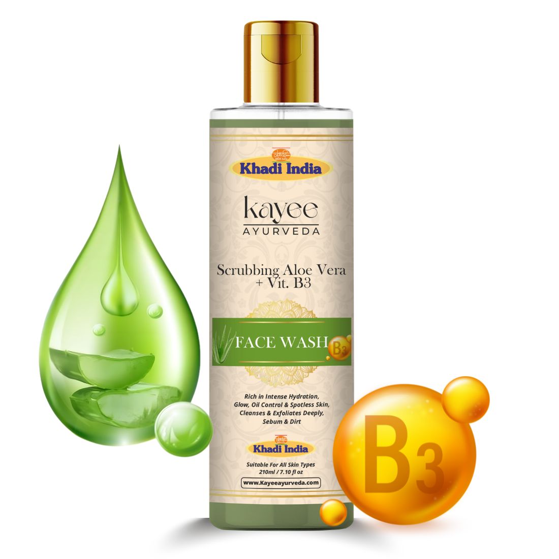 Kayee Ayurveda Scrubbing Aloe Vera + Vitamin B3 Face Wash for Men & Women | Gentle Exfoliating Facial Cleanser with Aloe Vera & Niacinamide | Helps Remove Dirt, Excess Oil & Dead Skin Cells for Fresh, Smooth & Healthy-Looking Skin | 210 ml