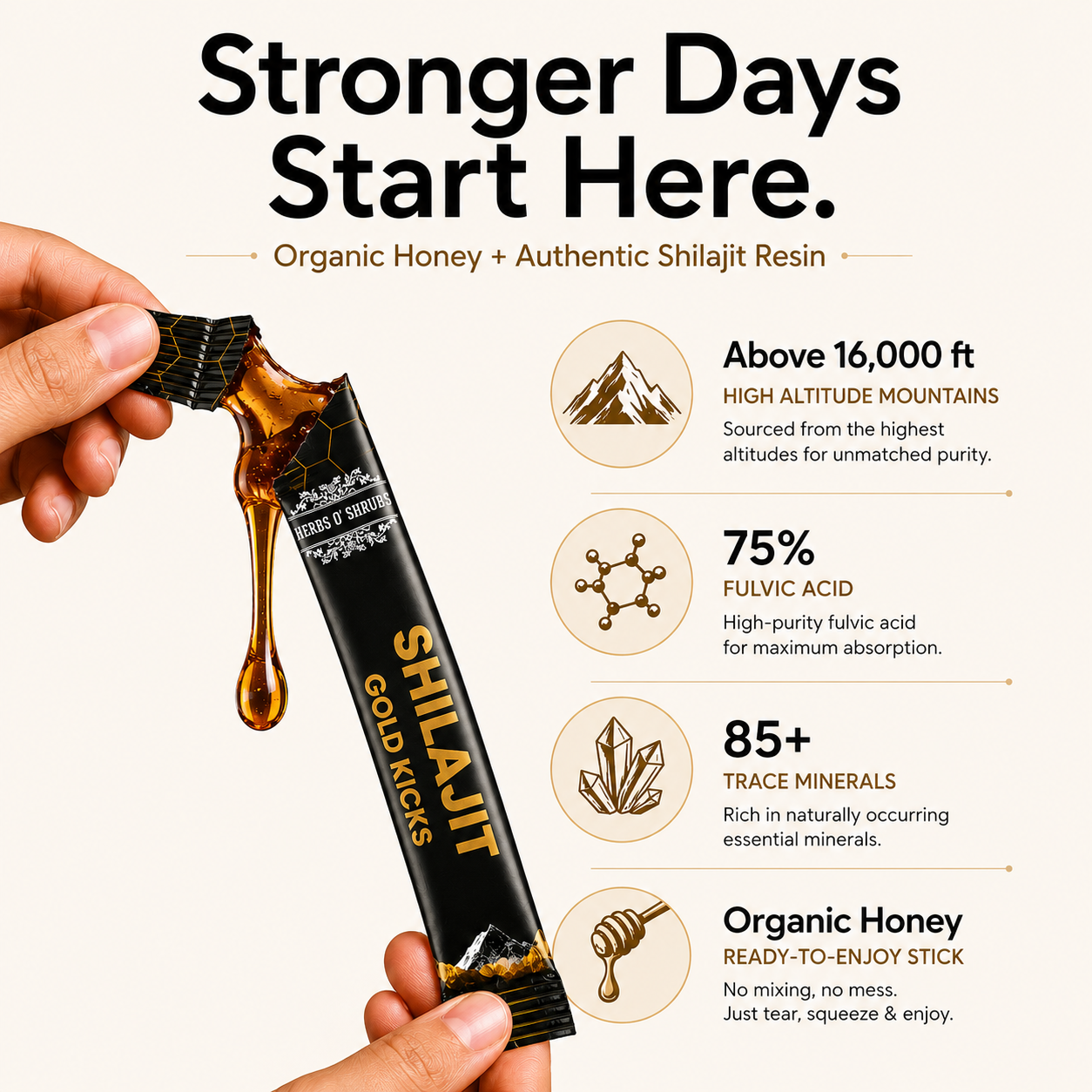 Herbs O' Shrubs Shilajit Gold Kicks | Ayurvedic Men Wellness Supplement with Shilajit, Honey & Caramel | Support Strength, Stamina, Energy & Vitality | Natural Rejuvenator, 30 Sticks