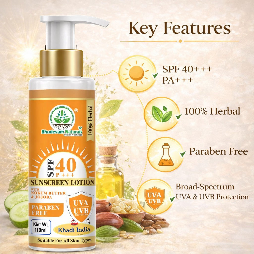 Bhudevam Naturals Khadi SPF 40 Sunblock Lotion for Face & Body | Broad Spectrum Daily Sunscreen for Men & Women- 100ML