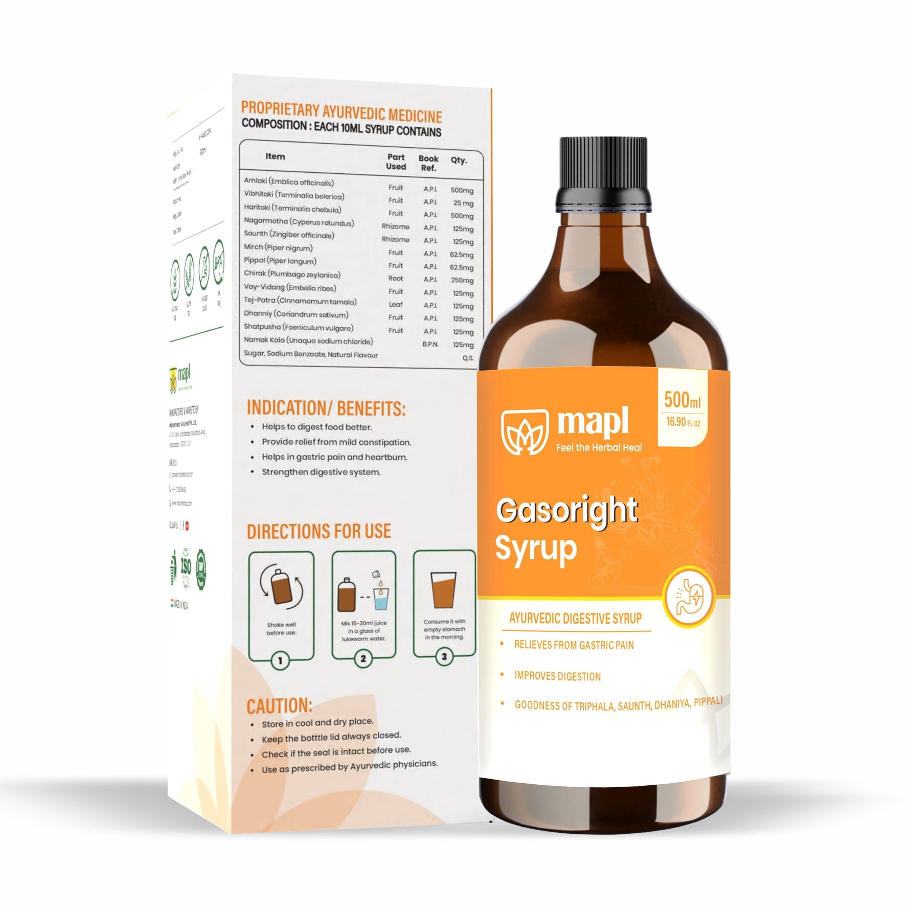 MAPL Gasoright Syrup | Ayurvedic Digestive Tonic for Gas, Bloating & Indigestion | Supports Gut Health, Digestion & Overall Wellness | 500 ml
