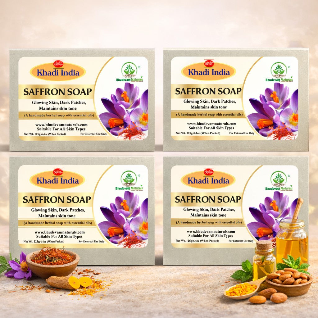 Bhudevam Naturals Khadi Saffron Handmade Bath Soap for Skin Brightening & Glow Boosting - 500GM (Pack of 4)