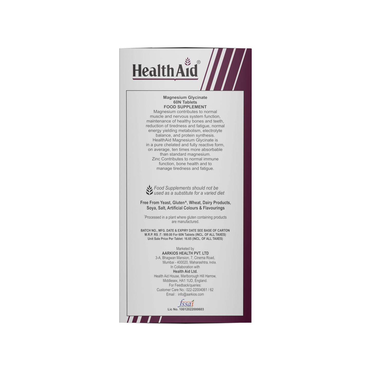 HealthAid Magnesium Glycinate with Zinc Tablets - 60 Tablets