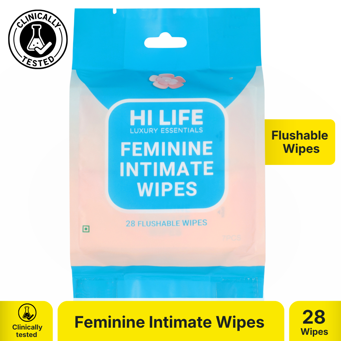 Hi Life Feminine Intimate Wipes (Flushable, Pack of 28) | pH-Balanced Daily Intimate Care Wipes with Chamomile & Aloe Vera Extract