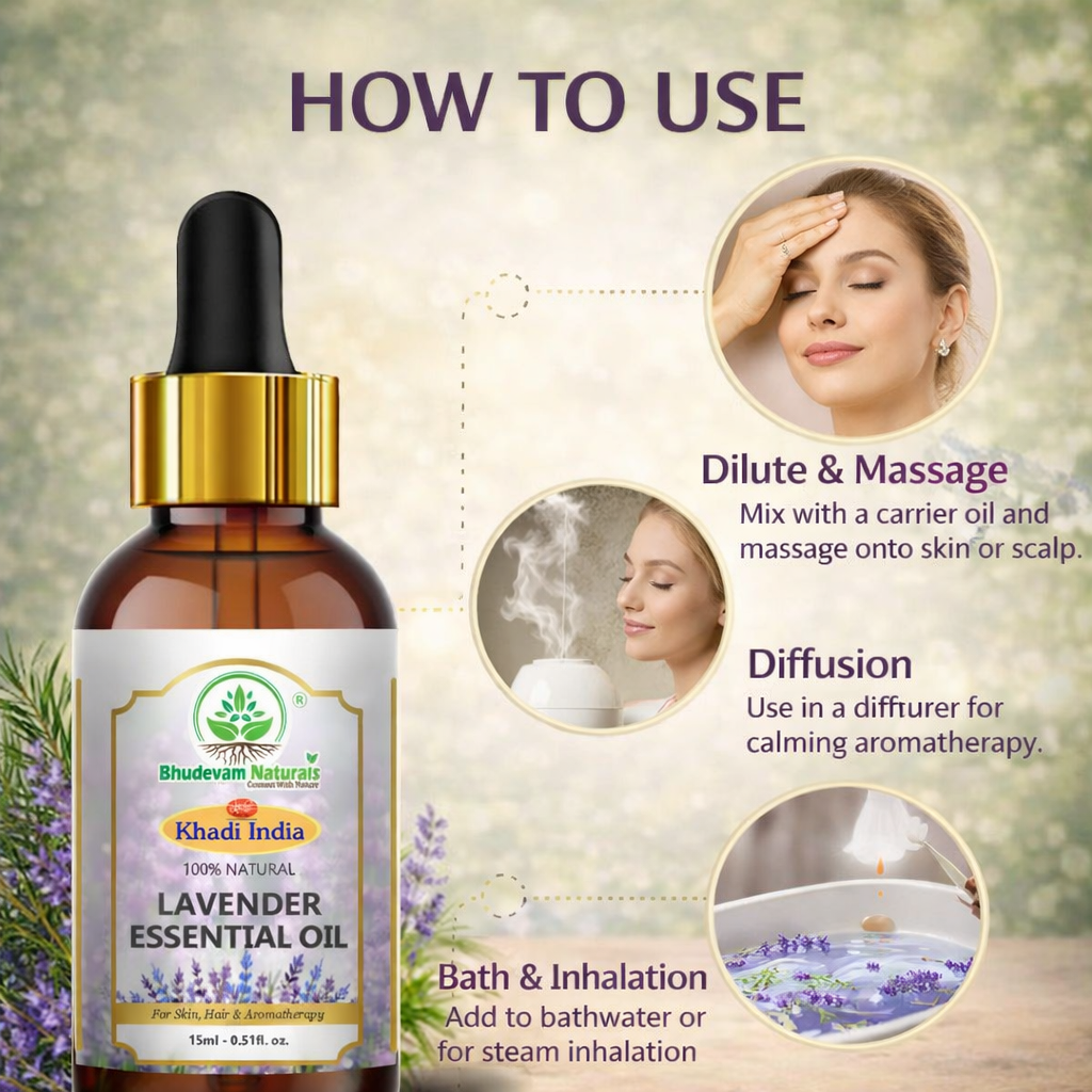 Bhudevam Naturals Khadi Lavender Essential Oil for Aromatherapy, Stress Relief, Skin & Hair Care, Diffuser, Sleep Support & Massage - 15ml