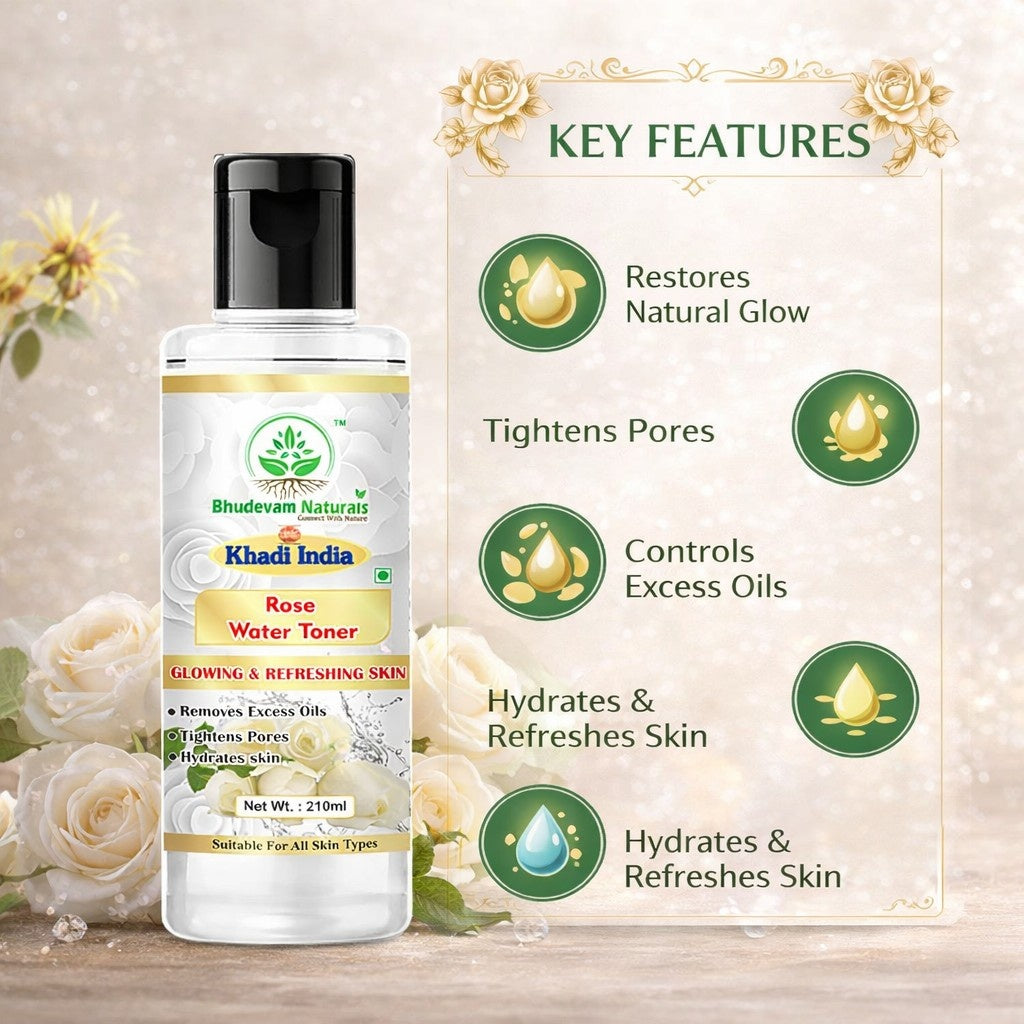 Bhudevam Naturals Khadi Rose Water Skin Toner for Glowing Skin, Hydration & Pore Tightening- 420ML (Pack of 2)