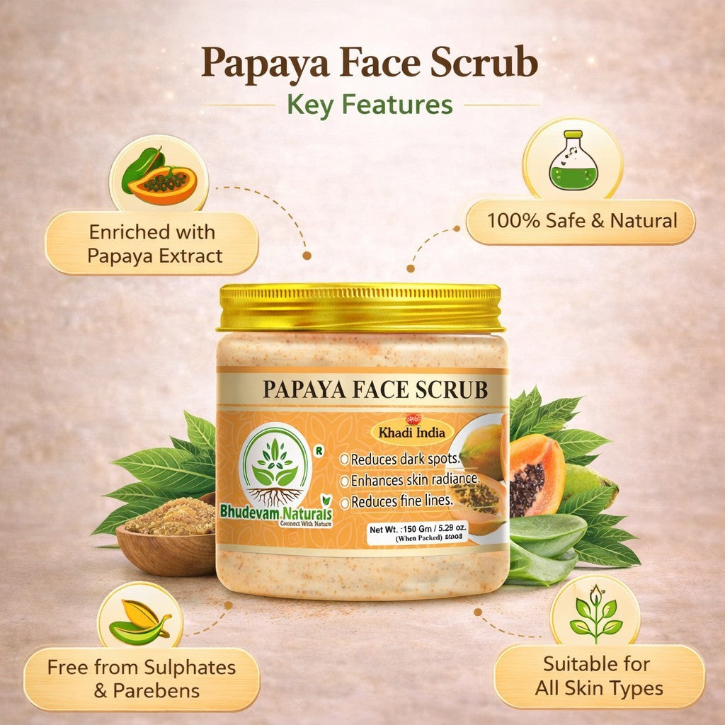 Bhudevam Naturals Khadi Papaya Face Scrub for Tan Removal – Exfoliating Scrub for Dead Skin, Dark Spots & Skin Glow- 150GM