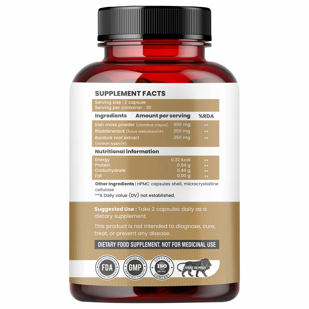 Raskam Sea Moss | 150MG | 60 Capsules - Organic Irish Sea Moss Powder | Bio available Minerals for Thyroid , Skin and Joint Support