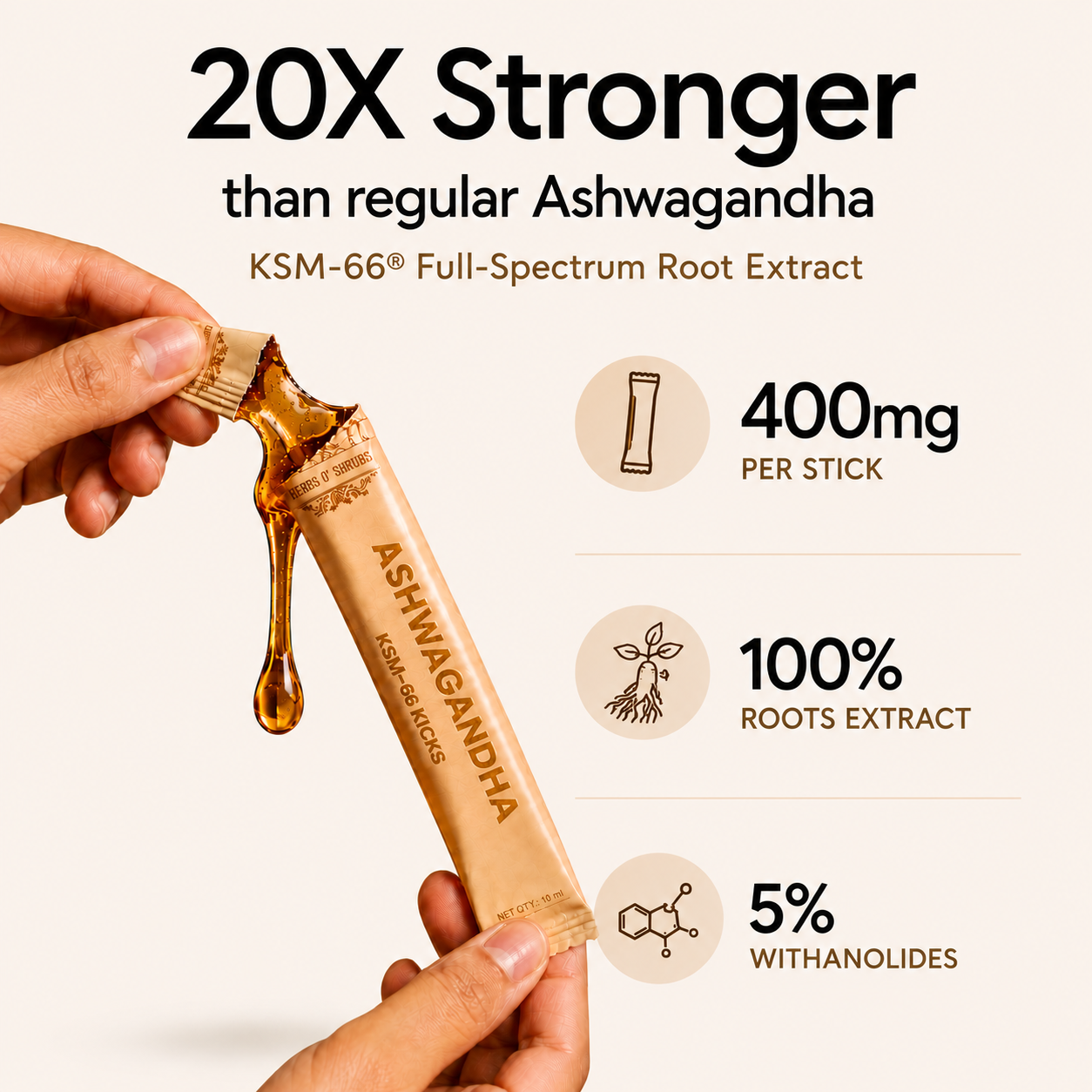 Herbs O’ Shrubs Ashwagandha KSM-66 Kicks | Root Extract with Organic Honey & Vanilla | Vitality Support | Convenient On-the-Go Energy & Focus Support, 30 Sticks
