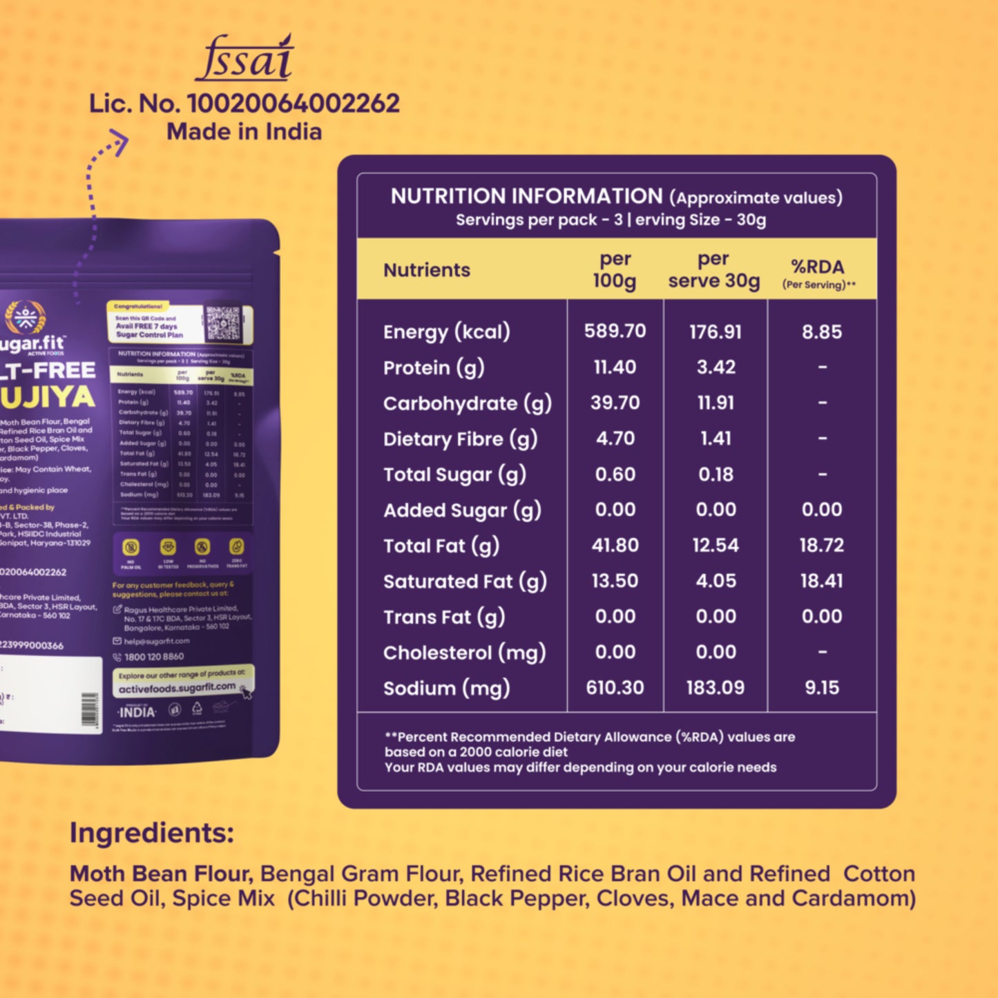 Sugar.Fit Active Guilt-Free Bhujiya,100% Roasted, No Palm Oil, Sugar-Free, High Protein, Low GI Indian Snack for diabetes, Crunchy Indian Flavour, High Protein, Low GI Bhujia  - 100gm