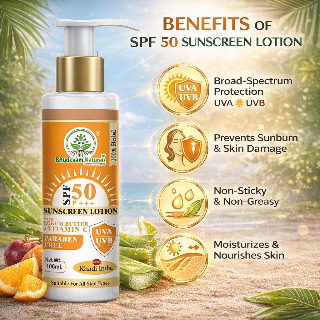 Bhudevam Naturals Khadi SPF 50 Sunscreen Cream for Men & Women | Non-Greasy Sun Protection Lotion for Face & Body- 100ML