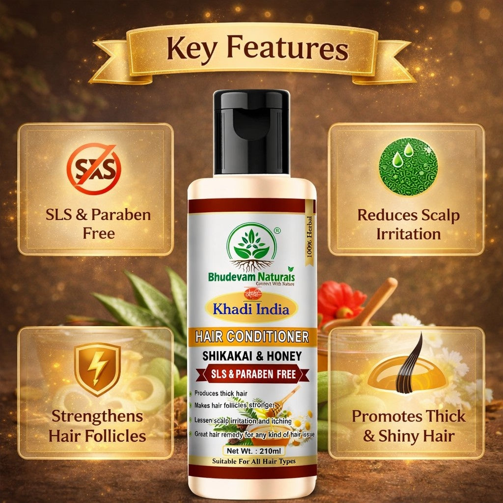 Bhudevam Natuals Khadi Shikakai & Honey Hair Conditioner for Chemical Free Frizz Control & Hair Repair Formula- 210ML