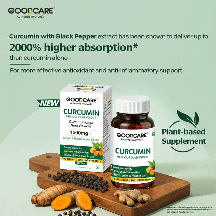 Goodcare Curcumin 1500mg + Tablet 60 Count | 95% Curcuminoids with Black Pepper & Ginger | Joint Comfort, Mobility & Immunity Support