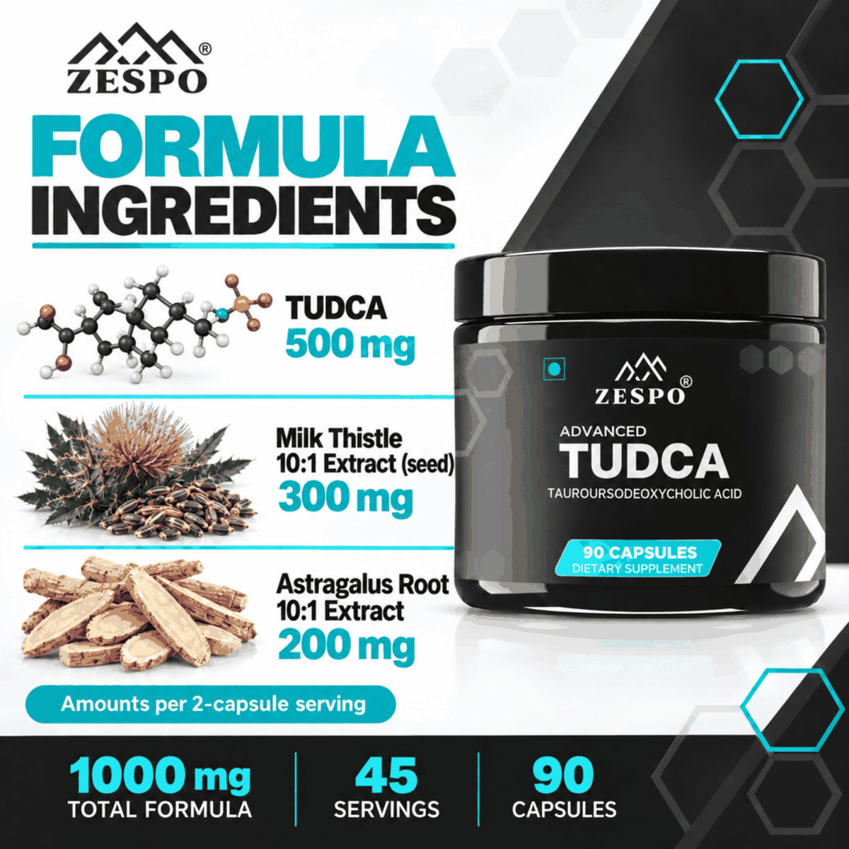 Zespo Advanced TUDCA (Tauroursodeoxycholic Acid) with Milk Thistle & Astragalus Root – Supports Liver Health, Bile Flow & Digestive Wellness – 90 Capsules
