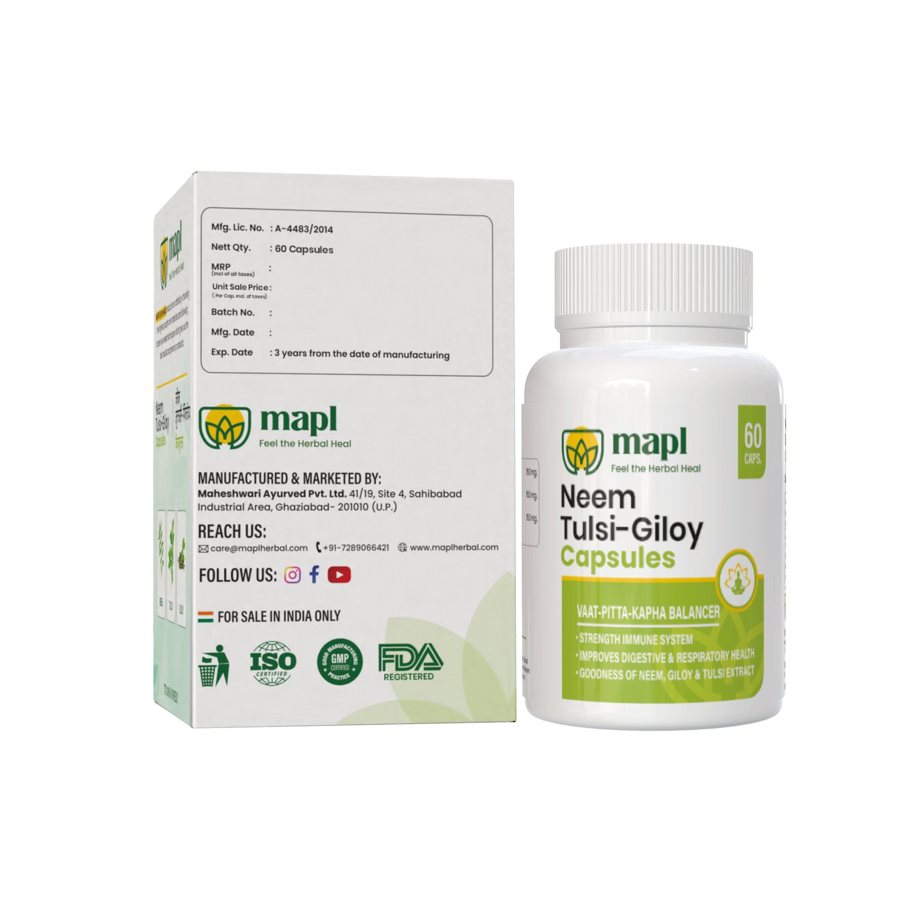 MAPL Neem Giloy Tulsi Capsules 60 | Ayurvedic Immunity & Wellness Support | Boosts Digestion, Reduces Stress & Fatigue Naturally