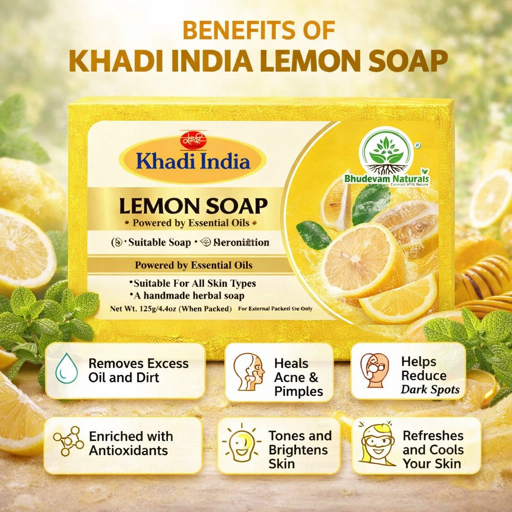 Bhudevam Naturals Khadi 100% Natural Lemon Bath Soap – Skin Brightening & Oil Control Soap, Herbal Formula, Safe for Daily Use- 500GM (Pack of 4)