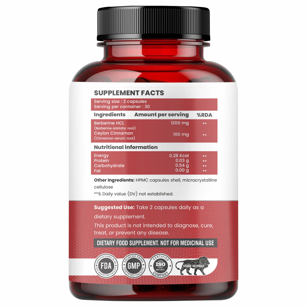 Raskam Berberine HCL 1200mg Capsules with Ceylon Cinnamon | Blood Sugar Support | Metabolism Booster | Supports Digestive Wellness | Heart Health Support | Rich in Antioxidants | 60 Vegetarian Capsules