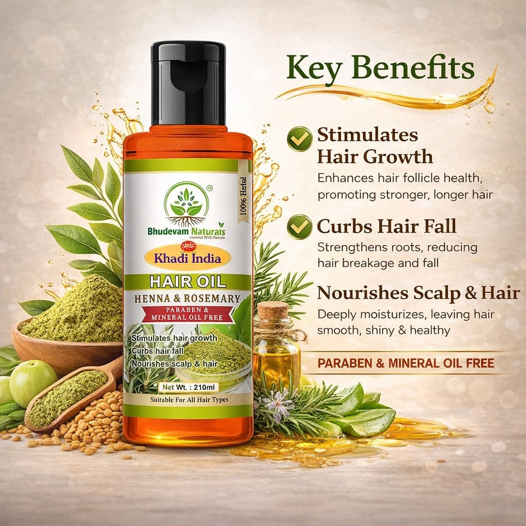 Bhudevam Naturals Khadi Henna Rosemary Hair Oil for Hair Growth & Hair Fall Control- 210ML