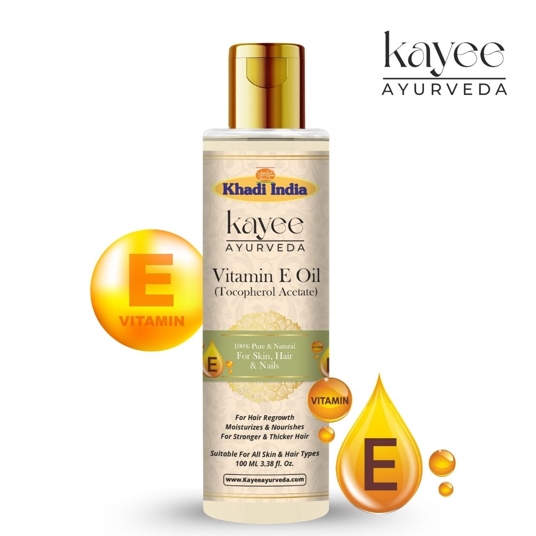 Kayee Ayurveda Vitamin E Oil for Skin, Hair & Nails | Nourishing Vitamin E Beauty Oil for Dry Skin Moisturization, Hair & Scalp Conditioning, Nail & Cuticle Care | Suitable for Men & Women | 100 ml