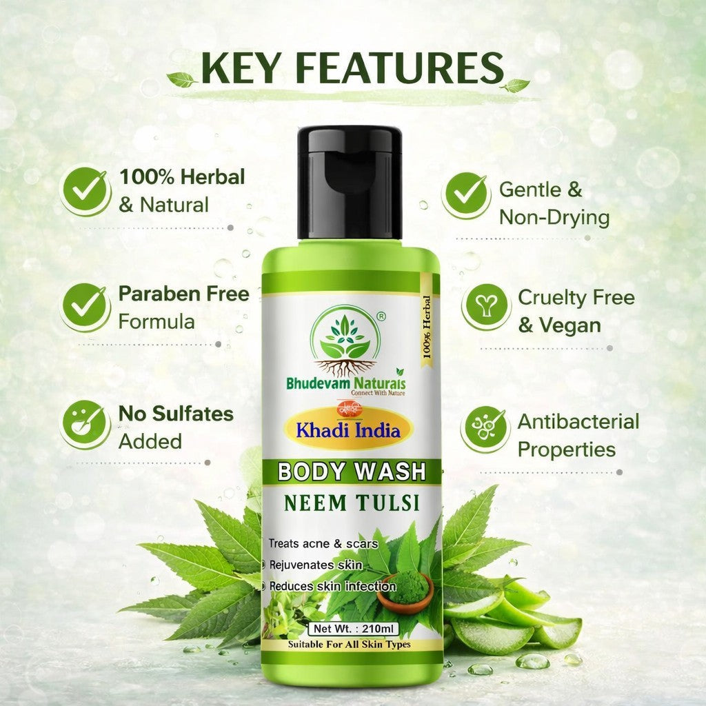 Bhudevam Naturals Khadi Neem & Tulsi Body Wash – Herbal Skin Purifying Cleanser for Daily Use- 210ML