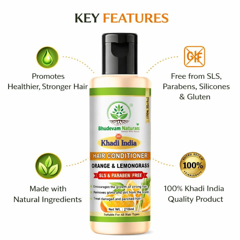 Bhudevam Naturals Khadi Orange & Lemongrass Hair Conditioner – Chemical Free Frizz Control & Shine Boost Formula-210ML
