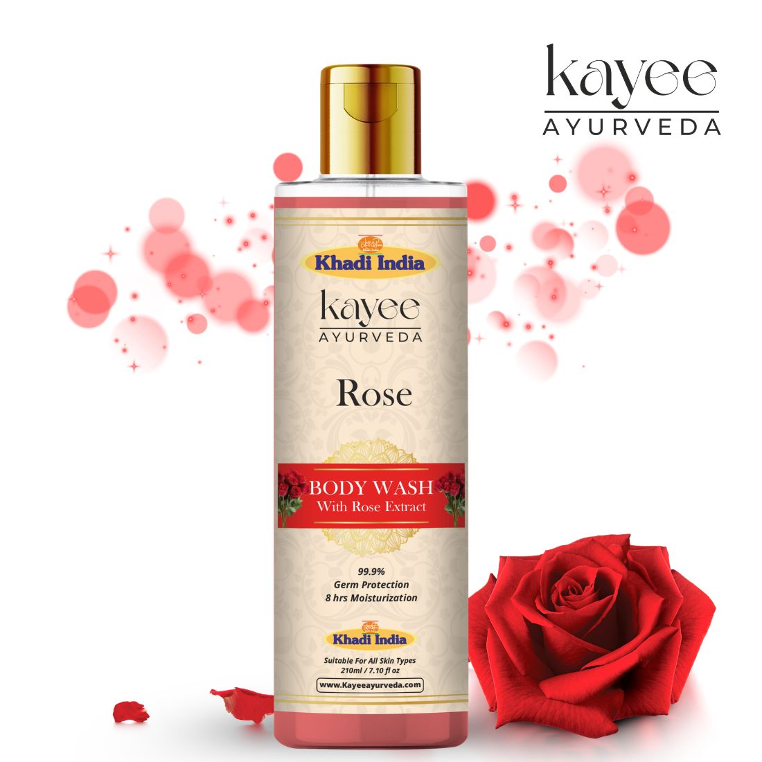 Kayee Ayurveda Rose Body Wash for Men & Women | Herbal Rose Shower Gel for Gentle Cleansing, Freshness & Soft Skin | Helps Remove Dirt, Sweat, Excess Oil & Impurities | Refreshing Daily Bath & Body Care | 210 ml