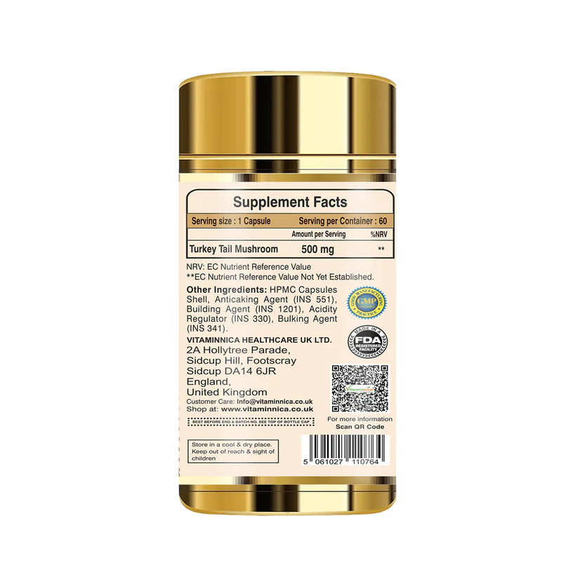 Vitaminnica Turkey Tail Mushroom Capsules - Immune Defense & Gut Health, 60 Count