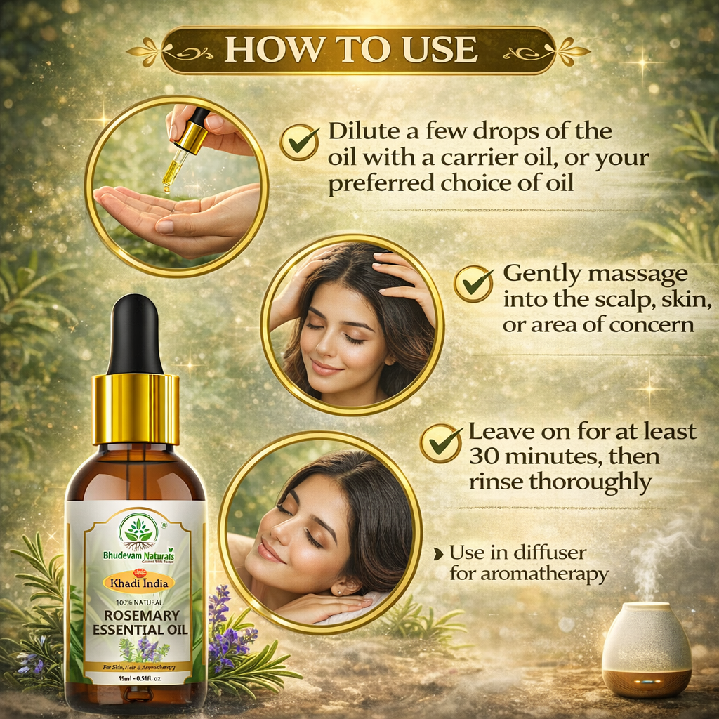 Bhudevam Naturals Khadi Rosemary Essential Oil for Hair Growth, Anti Hair Fall, Aromatherapy, Diffuser & Skin Care -15ml