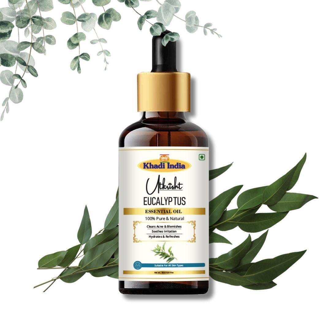 Khadi Eucalyptus Essential Oil | Pure & Natural Eucalyptus Oil for Body Care, Aromatherapy & Relaxation | Refreshing Herbal Essential Oil for Massage & Steam Inhalation | 15 ml