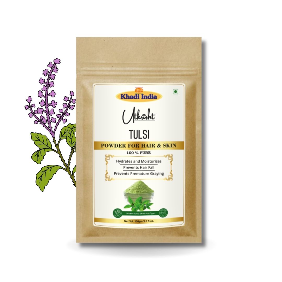 Khadi Tulsi Powder for Face & Hair | 100% Natural Holy Basil Powder | Acne, Blemish & Oil Control Care | Helps Purify Skin & Nourish Scalp | Herbal Face & Hair Pack | For All Skin & Hair Types | 100 gm