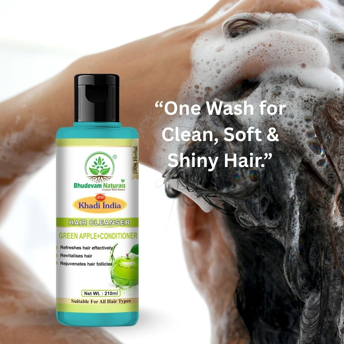 Bhudevam Naturals Khadi Green Apple Hair Shampoo + Conditioner for Soft, Silky & Frizz-Free Hair- 210ML