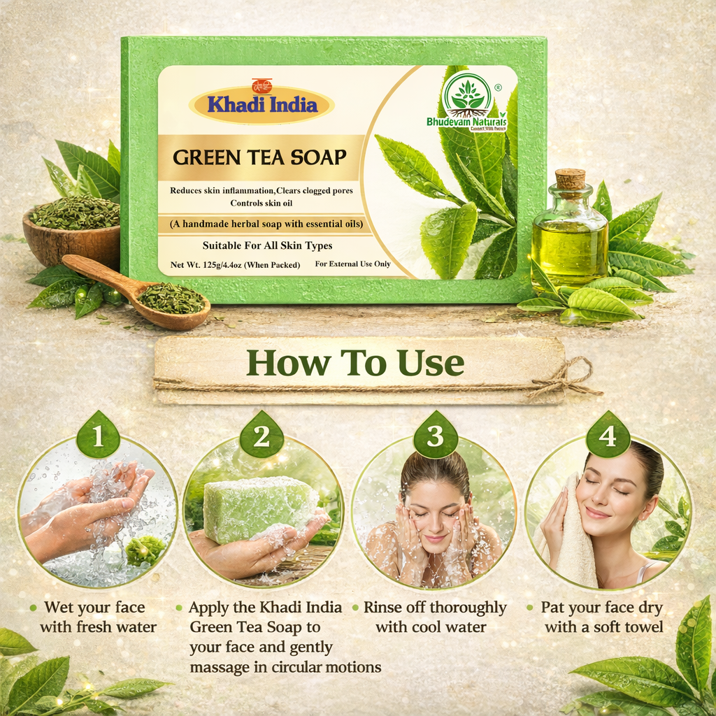 Bhudevam Naturals Khadi Green Tea Bath Soap for Clear & Healthy Skin | Natural Handmade Soap for Acne & Oil Control- 500GM (Pack of 4)