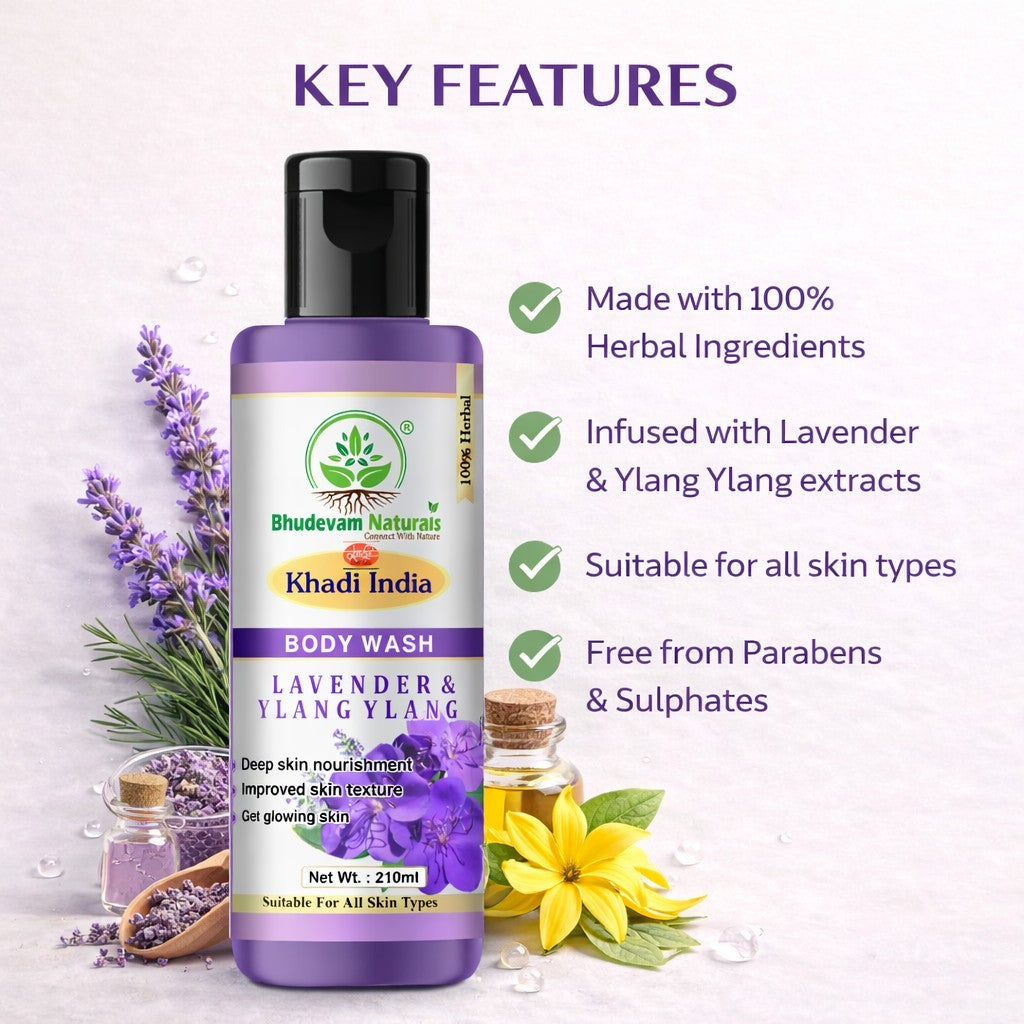 Bhudevam Naturals Khadi Lavender Ylang Ylang Body Wash, Soothing & Relaxing Skin Cleanser- 210ML